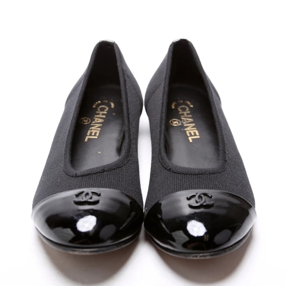 Auth Chanel Black Fabric Patent Cap Toe Ballet Flats Sz 35 5